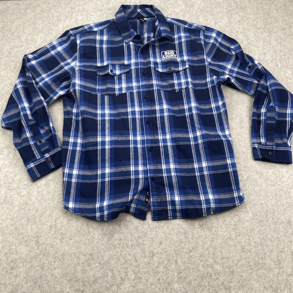 Burnside Shirt Mens 2XL Blue Plaid Flannel Bud Light Logo Button Up Long Sleeve